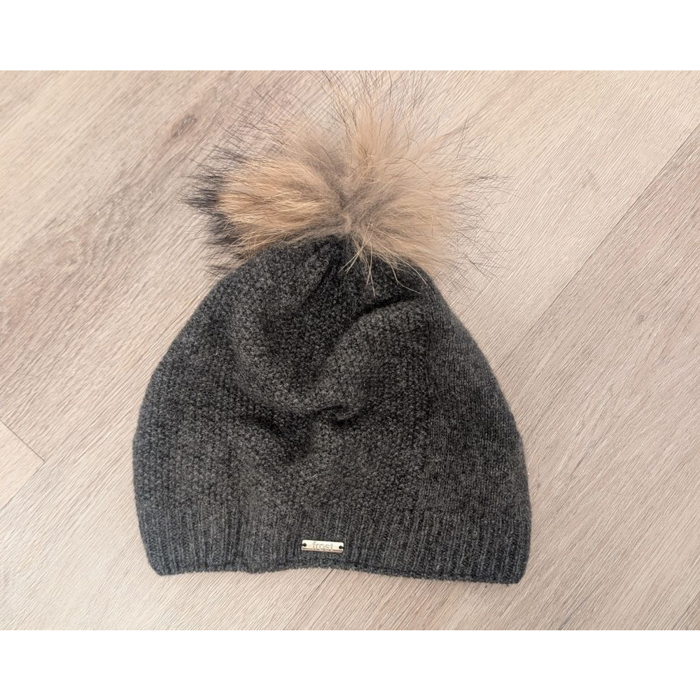 Women's FROST Gray Cashmere Wool Beanie Hat with Brown Pom One Size